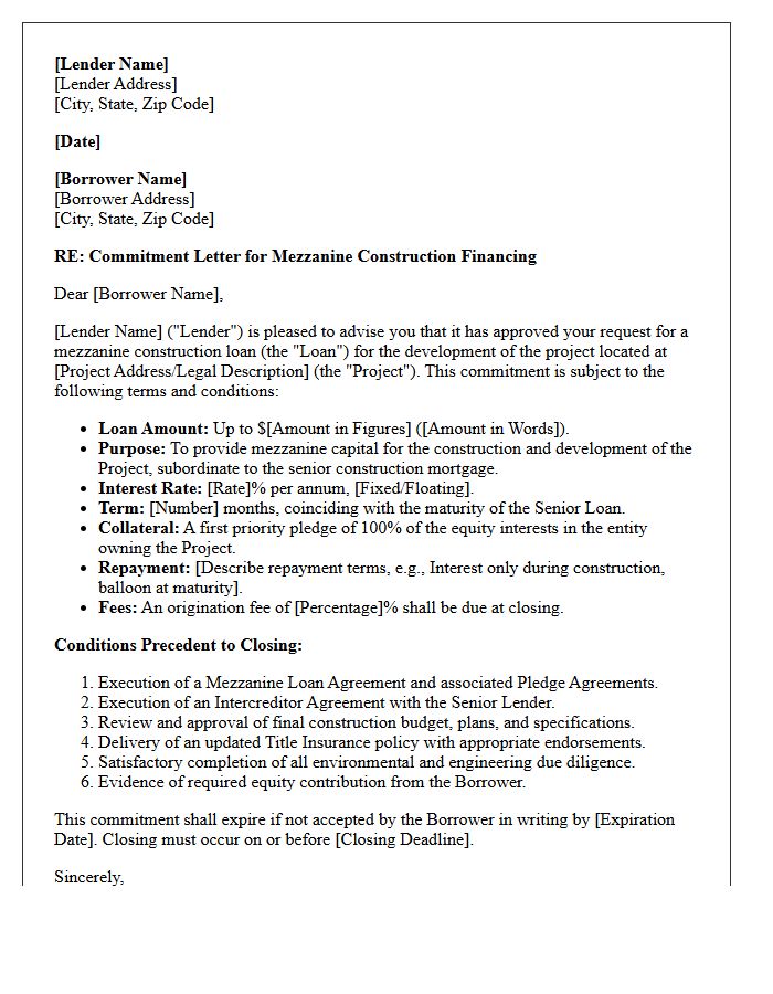 Mezzanine Construction Financing Commitment Letter