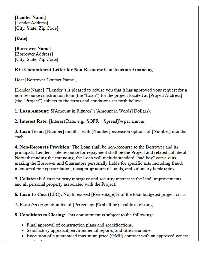 Non-Recourse Construction Financing Commitment Letter