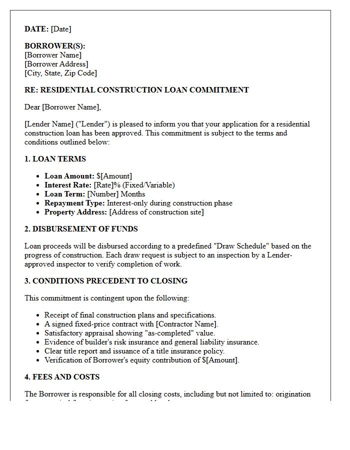 Residential Construction Financing Commitment Letter