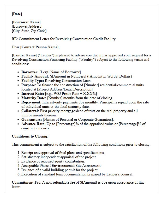 Revolving Construction Financing Commitment Letter