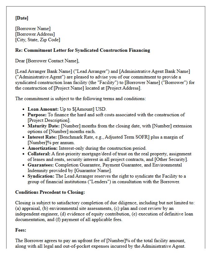 Syndicated Construction Financing Commitment Letter