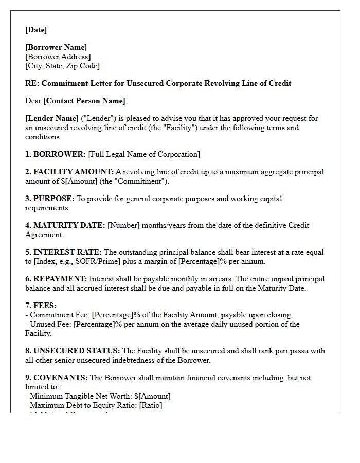 Unsecured Corporate Revolving Line Of Credit Commitment Letter