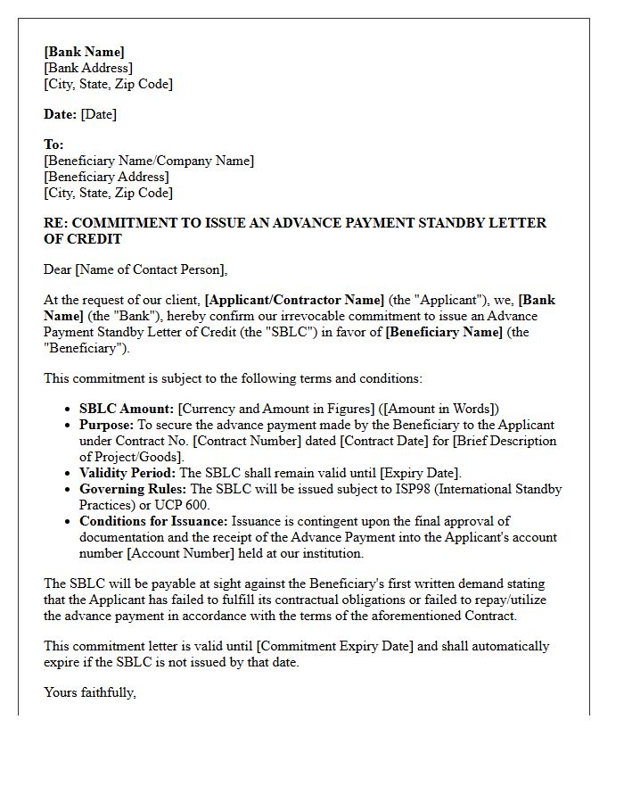 Advance Payment Standby Letter of Credit Commitment Letter