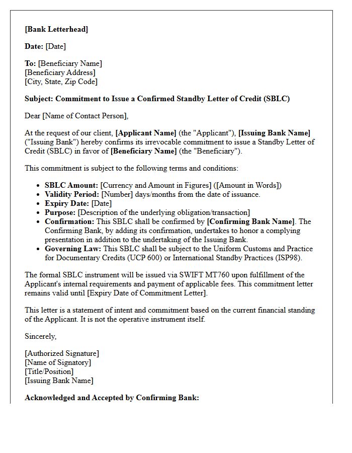 Confirmed Standby Letter of Credit Commitment Letter