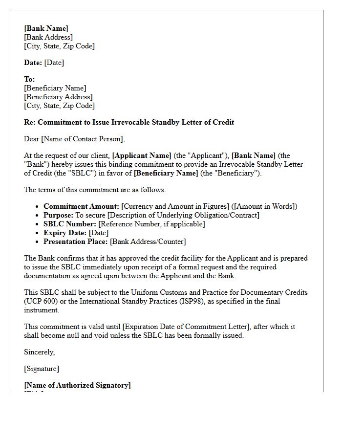 Irrevocable Standby Letter of Credit Commitment Letter