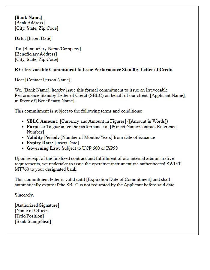 Performance Standby Letter of Credit Commitment Letter