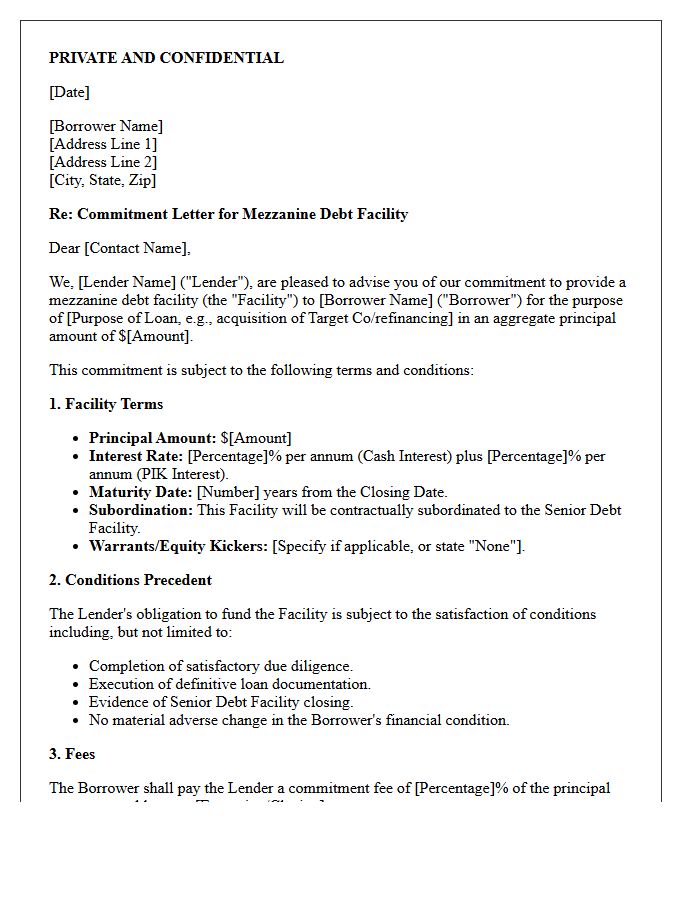 Draft Mezzanine Debt Facility Commitment Letter