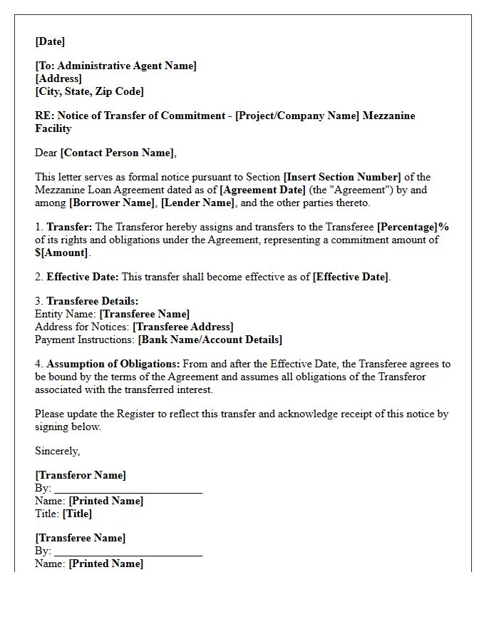 Mezzanine Debt Facility Commitment Transfer Letter