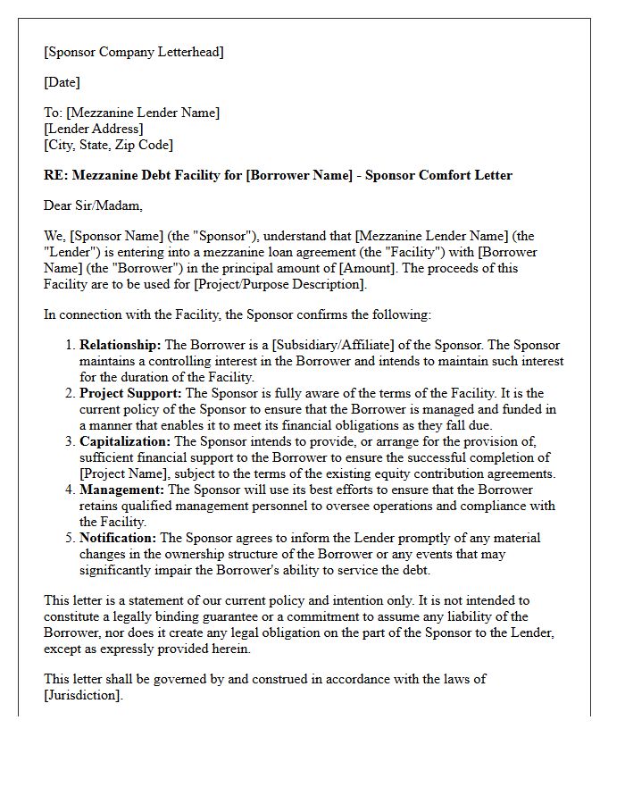 Mezzanine Debt Facility Sponsor Comfort Letter