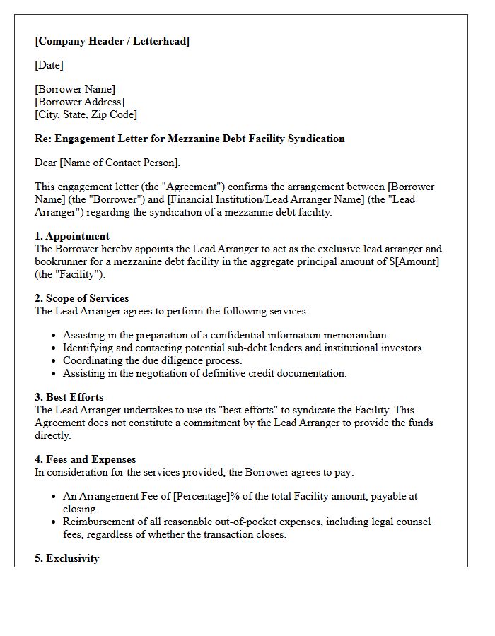 Mezzanine Debt Facility Syndication Engagement Letter