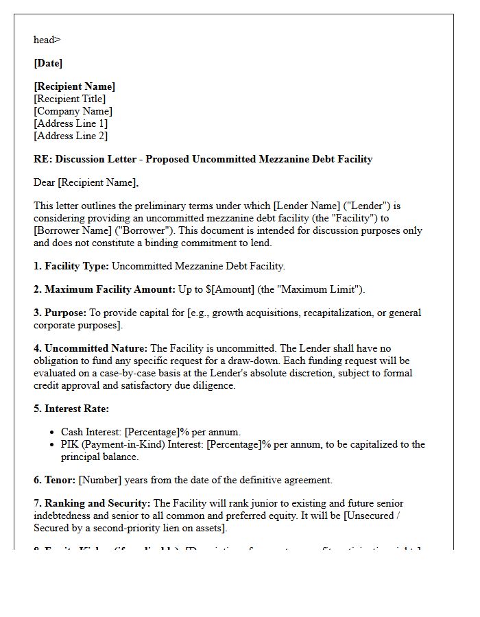 Uncommitted Mezzanine Debt Facility Discussion Letter