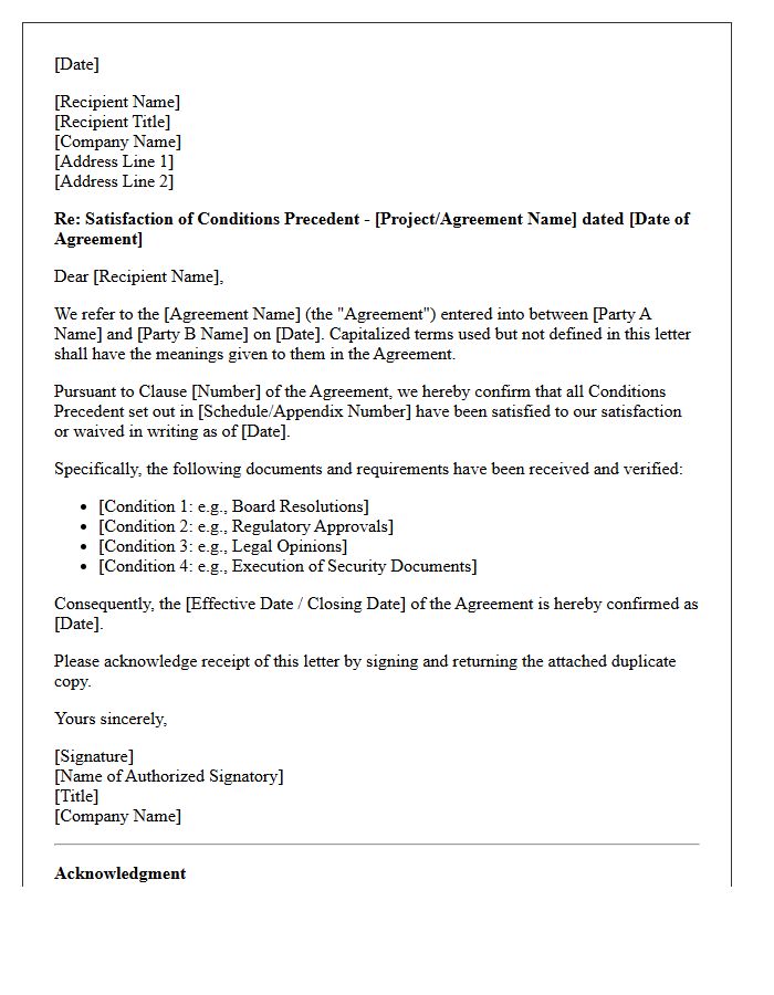 Conditions Precedent Satisfaction Letter
