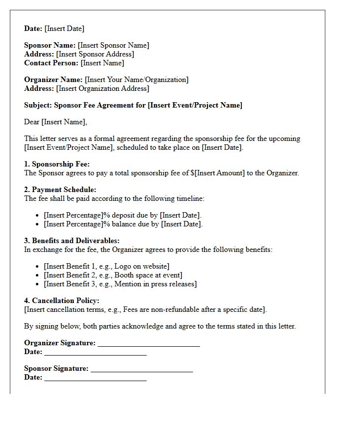 Sponsor Fee Agreement Letter