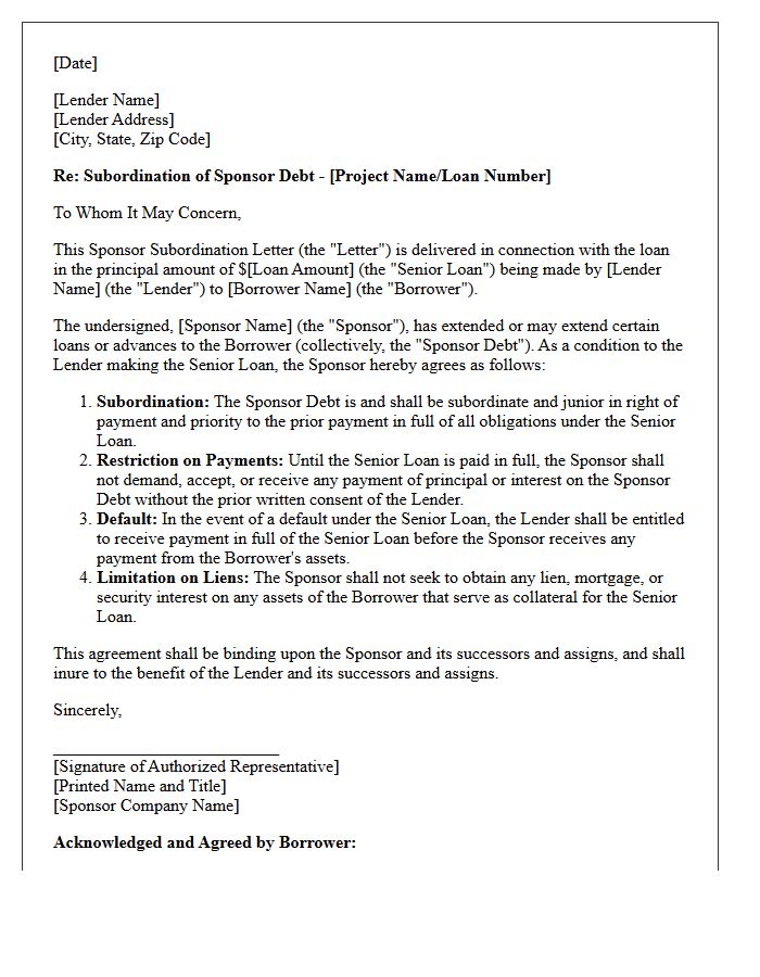Sponsor Subordination Letter