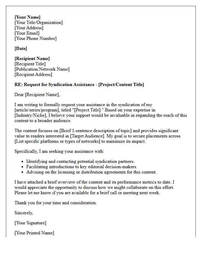 Syndication Assistance Letter