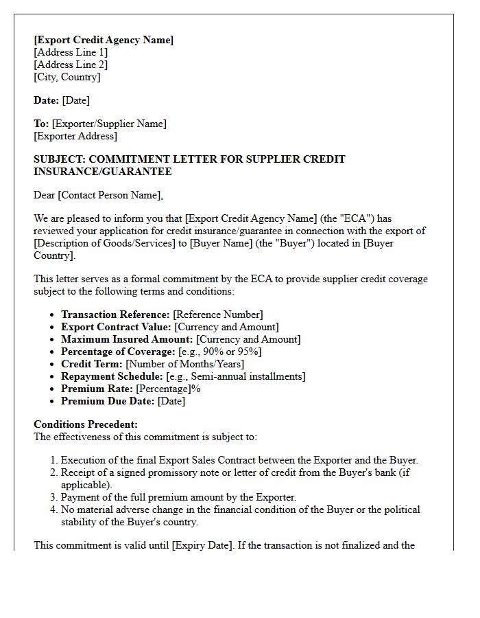Supplier Credit Export Credit Agency Commitment Letter