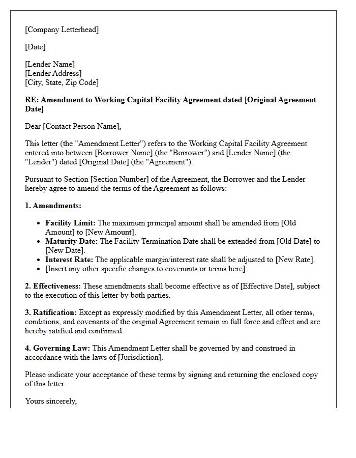 Working Capital Facility Amendment Letter