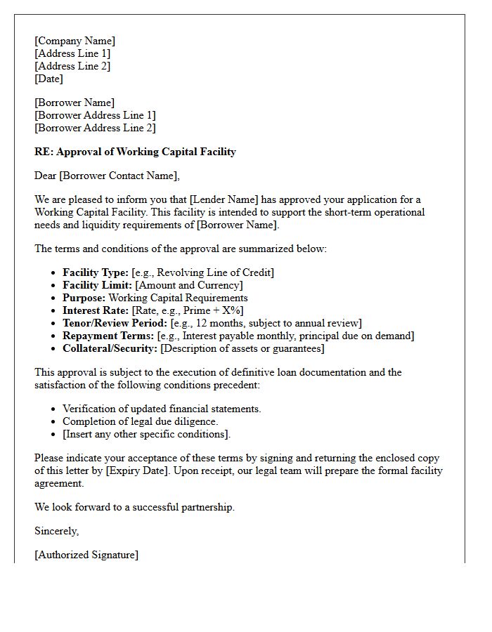 Working Capital Facility Approval Letter