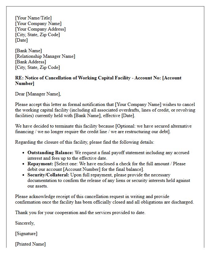 Working Capital Facility Cancellation Letter