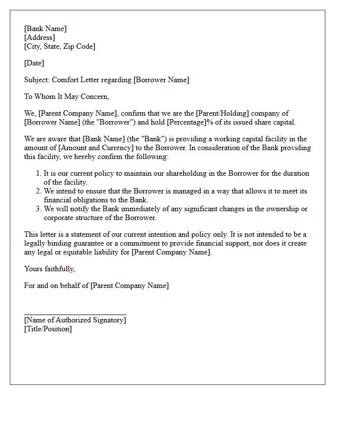 Working Capital Facility Comfort Letter