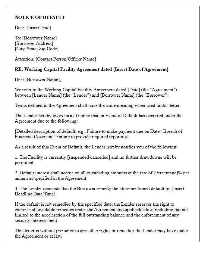 Working Capital Facility Default Letter