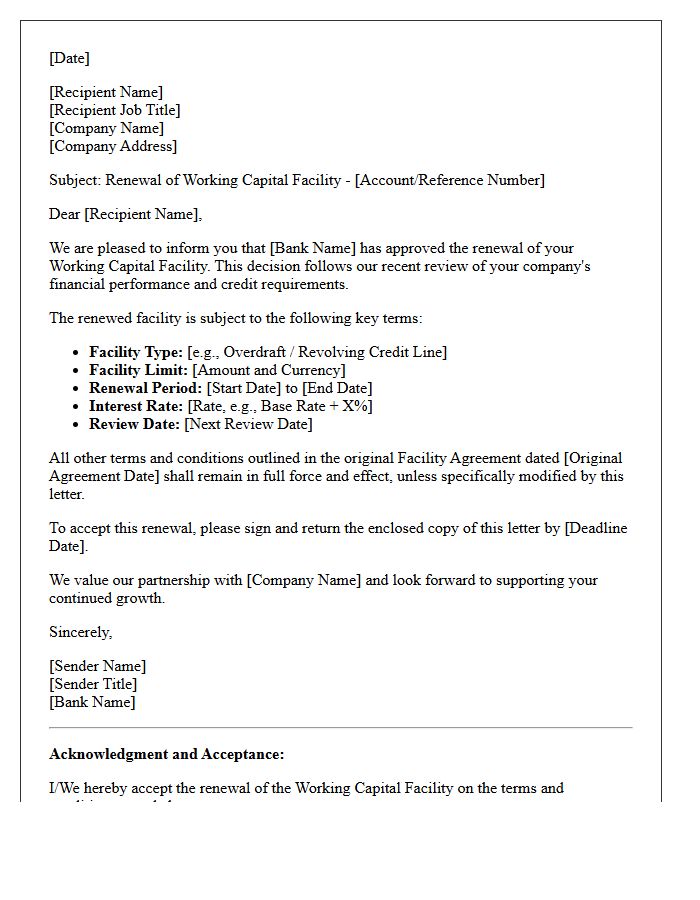 Working Capital Facility Renewal Letter
