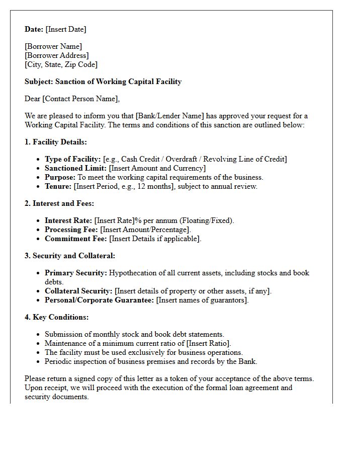 Working Capital Facility Sanction Letter