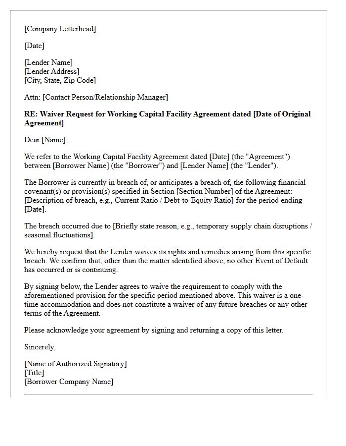 Working Capital Facility Waiver Letter