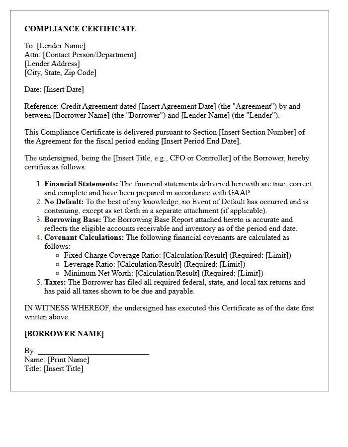 Asset-Based Lending Compliance Certificate Letter