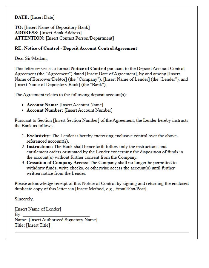 Asset-Based Lending Deposit Account Control Letter