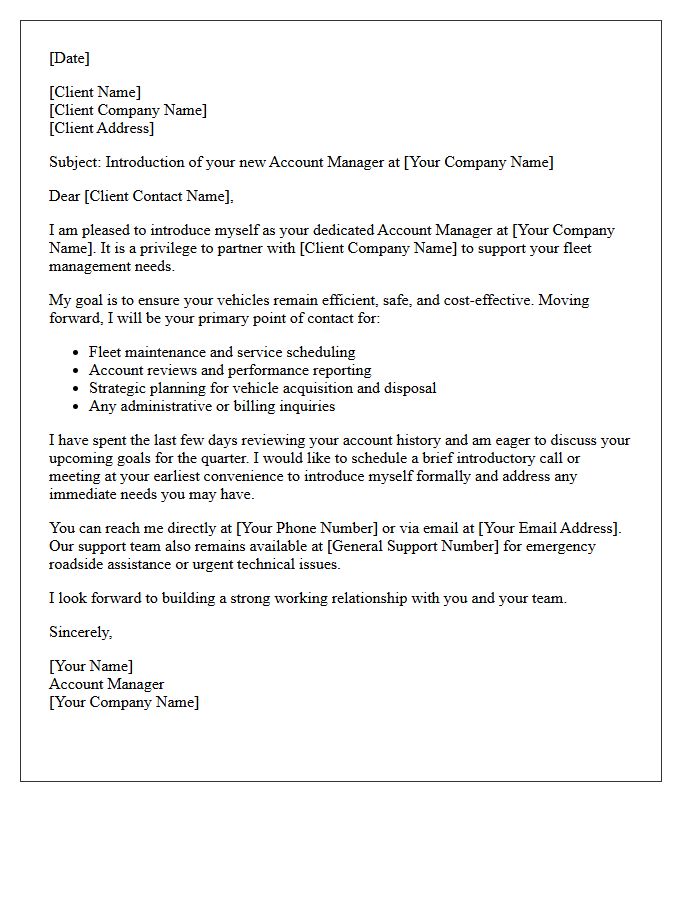 Account Manager Introduction Welcome Letter For Fleet Auto Clients