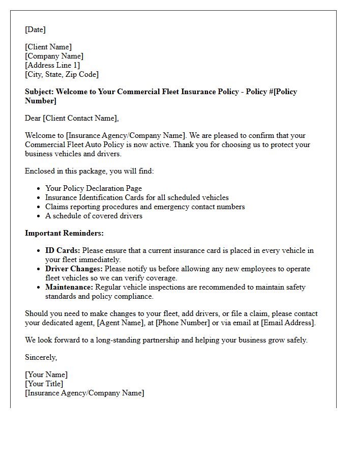 New Commercial Fleet Auto Policy Welcome Letter