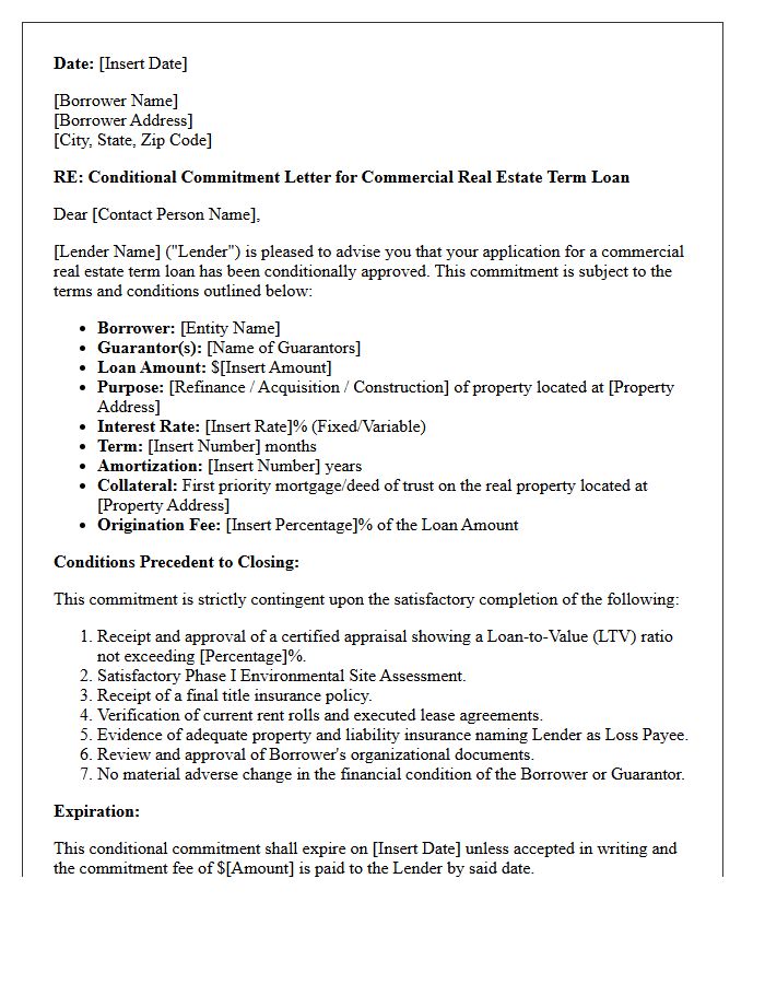 Commercial Real Estate Term Loan Conditional Commitment Letter