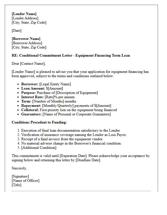 Equipment Financing Term Loan Conditional Commitment Letter