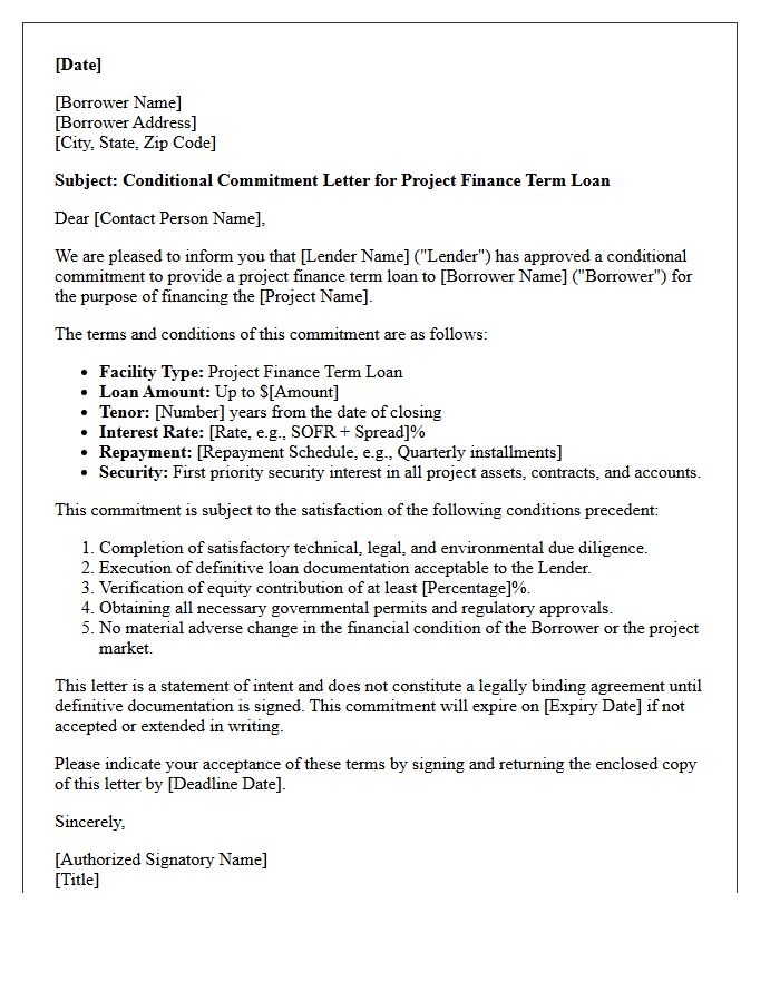 Project Finance Term Loan Conditional Commitment Letter