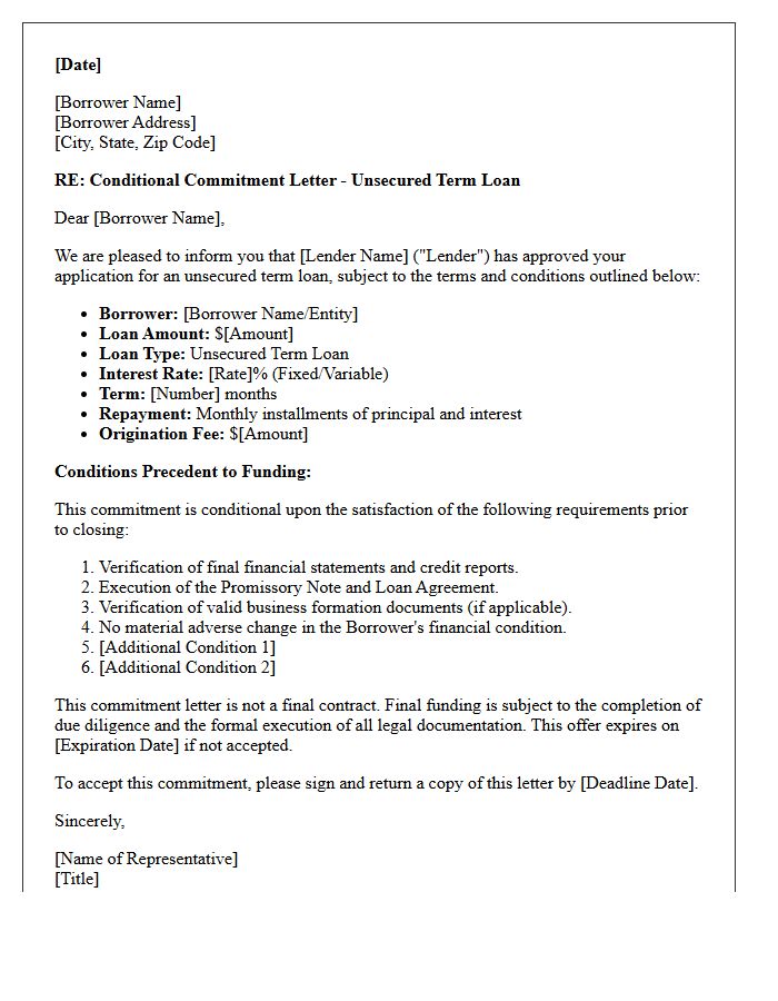 Unsecured Term Loan Conditional Commitment Letter