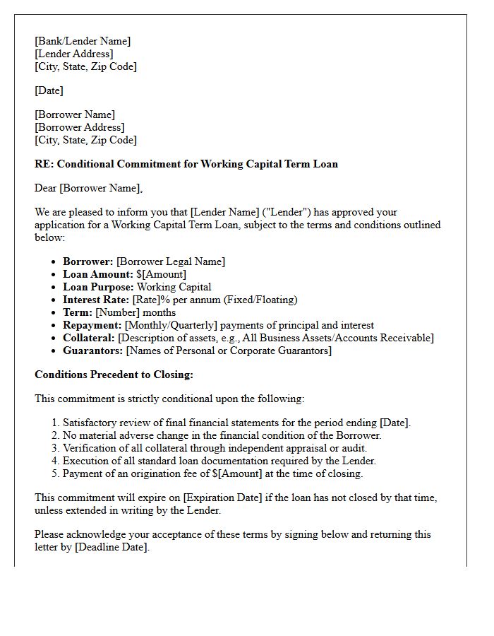 Working Capital Term Loan Conditional Commitment Letter