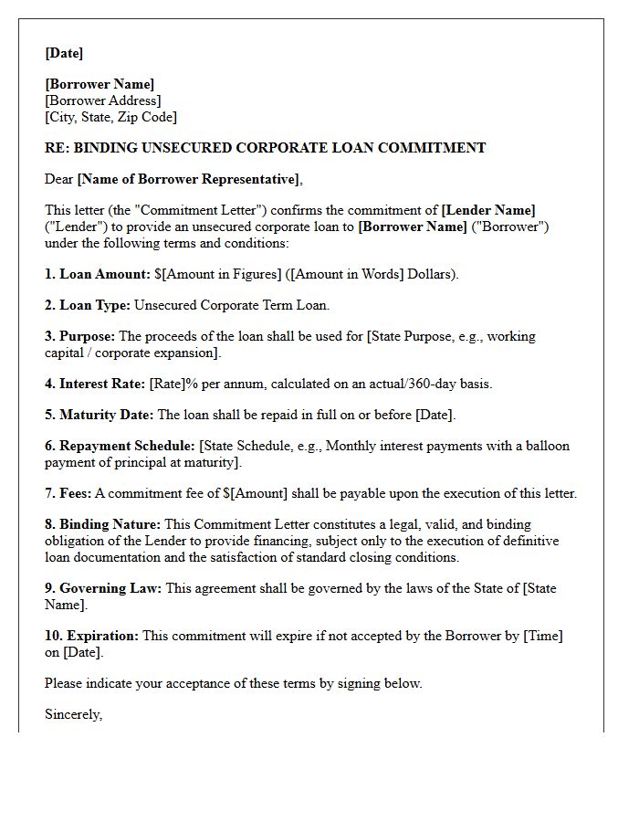Binding Unsecured Corporate Loan Commitment Letter