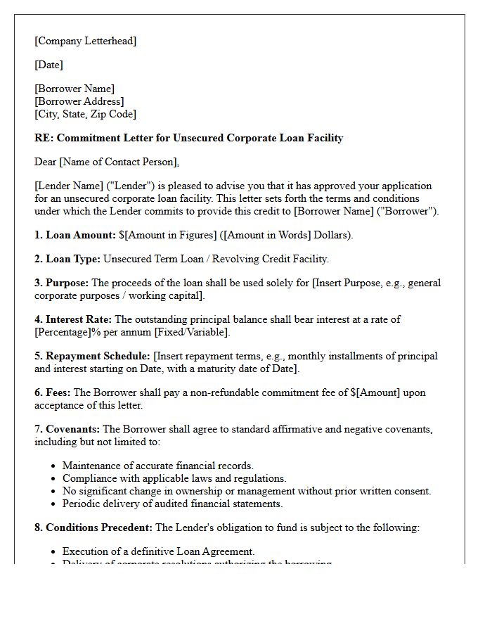 Draft Unsecured Corporate Loan Commitment Letter