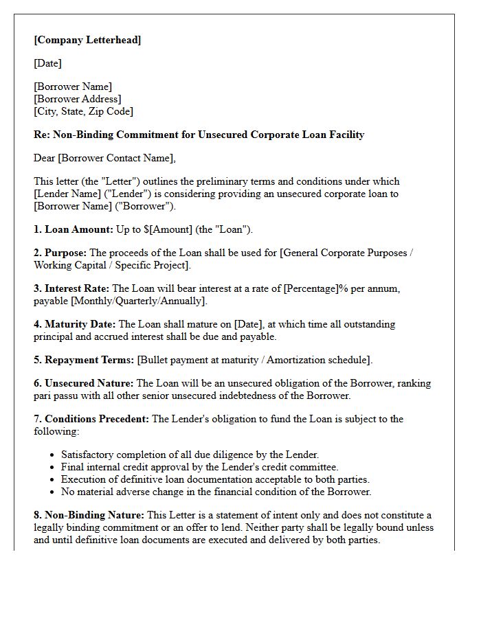 Non-Binding Unsecured Corporate Loan Commitment Letter