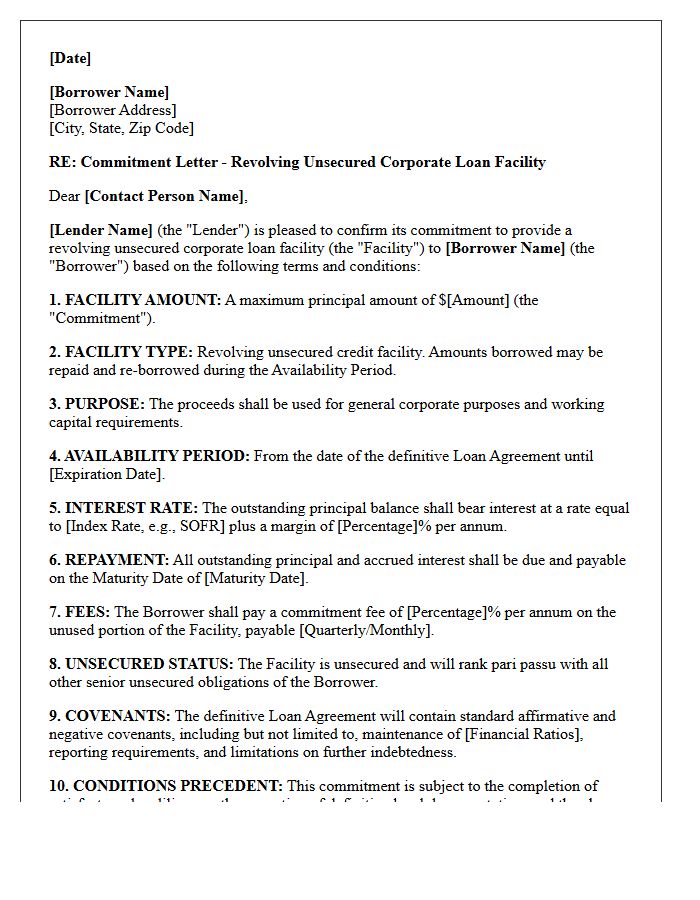 Revolving Unsecured Corporate Loan Commitment Letter