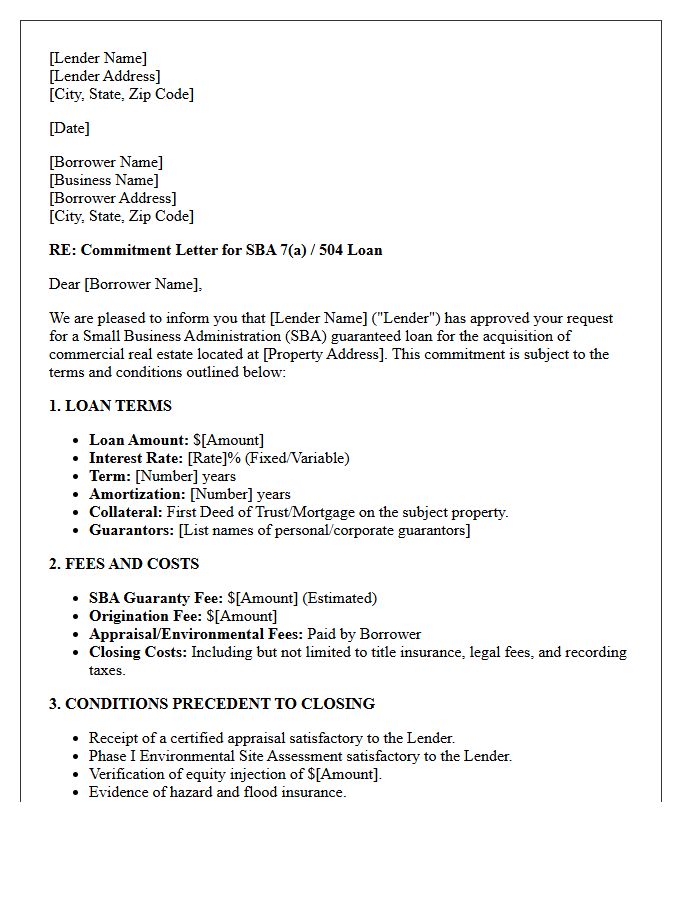 Commercial Real Estate Small Business Administration Loan Commitment Letter