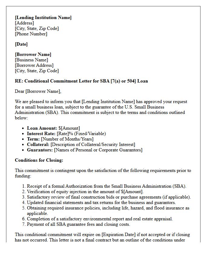 Conditional Small Business Administration Loan Commitment Letter