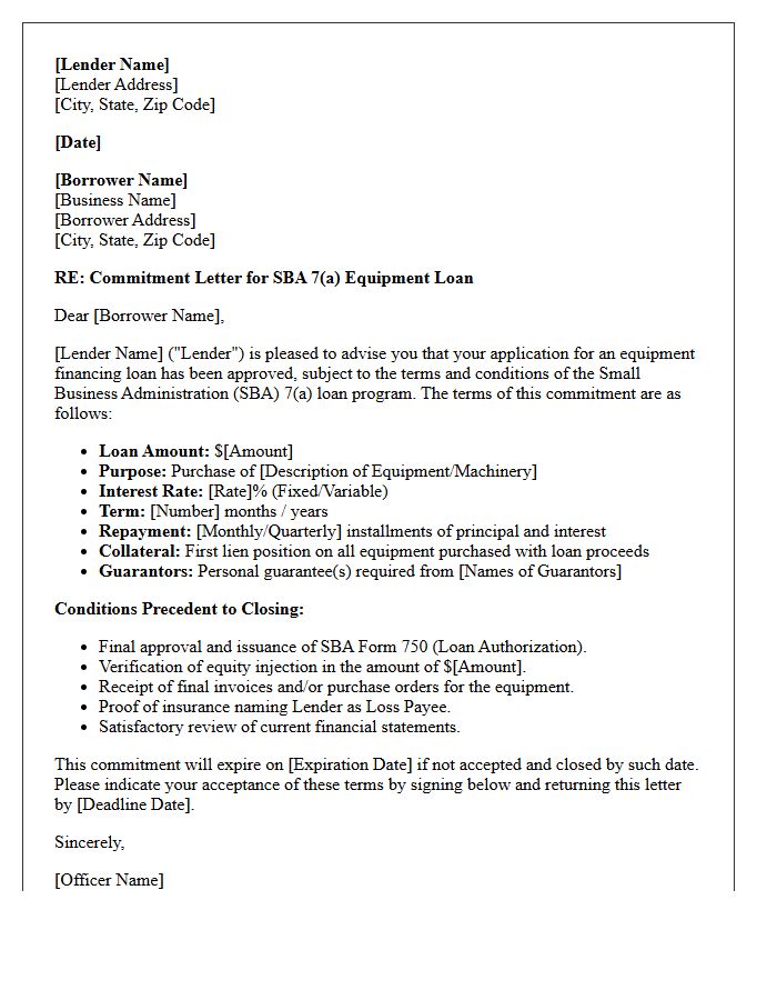 Equipment Financing Small Business Administration Loan Commitment Letter