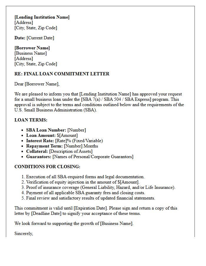 Final Small Business Administration Loan Commitment Letter