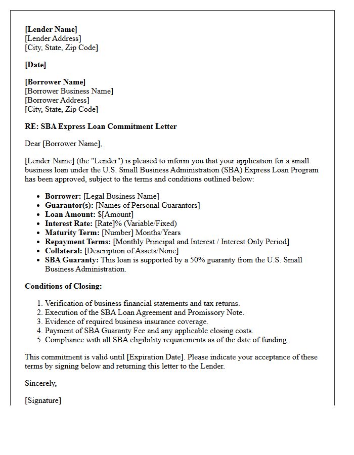 Small Business Administration Express Loan Commitment Letter