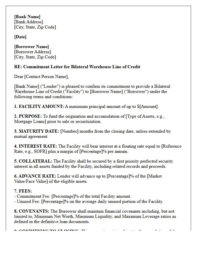 Bilateral Warehouse Line of Credit Commitment Letter