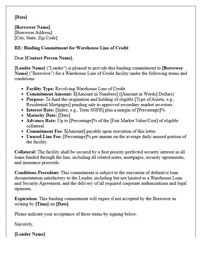 Binding Warehouse Line of Credit Commitment Letter