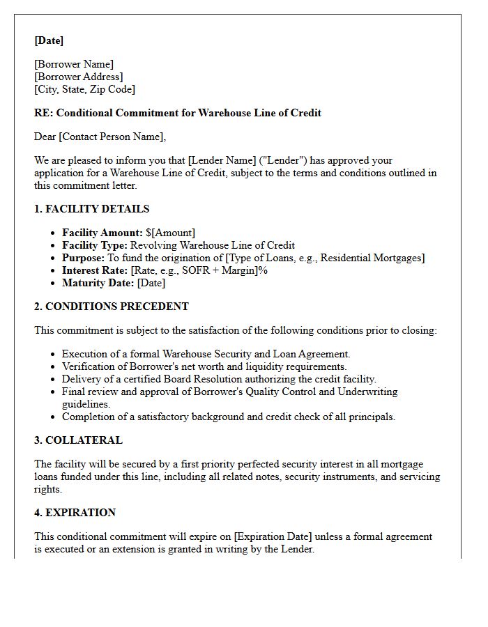 Conditional Warehouse Line of Credit Commitment Letter