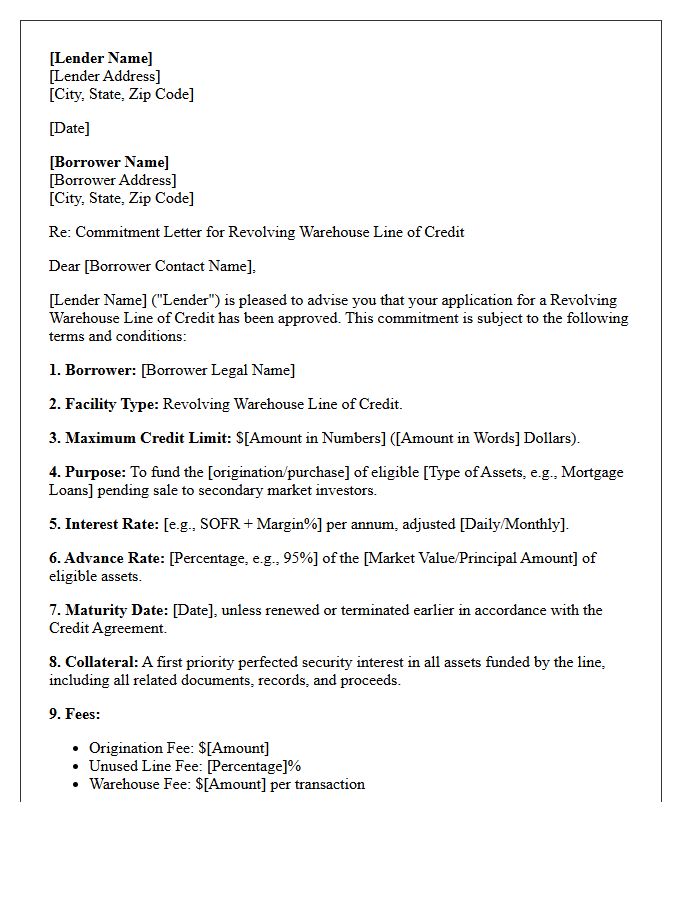 Revolving Warehouse Line of Credit Commitment Letter